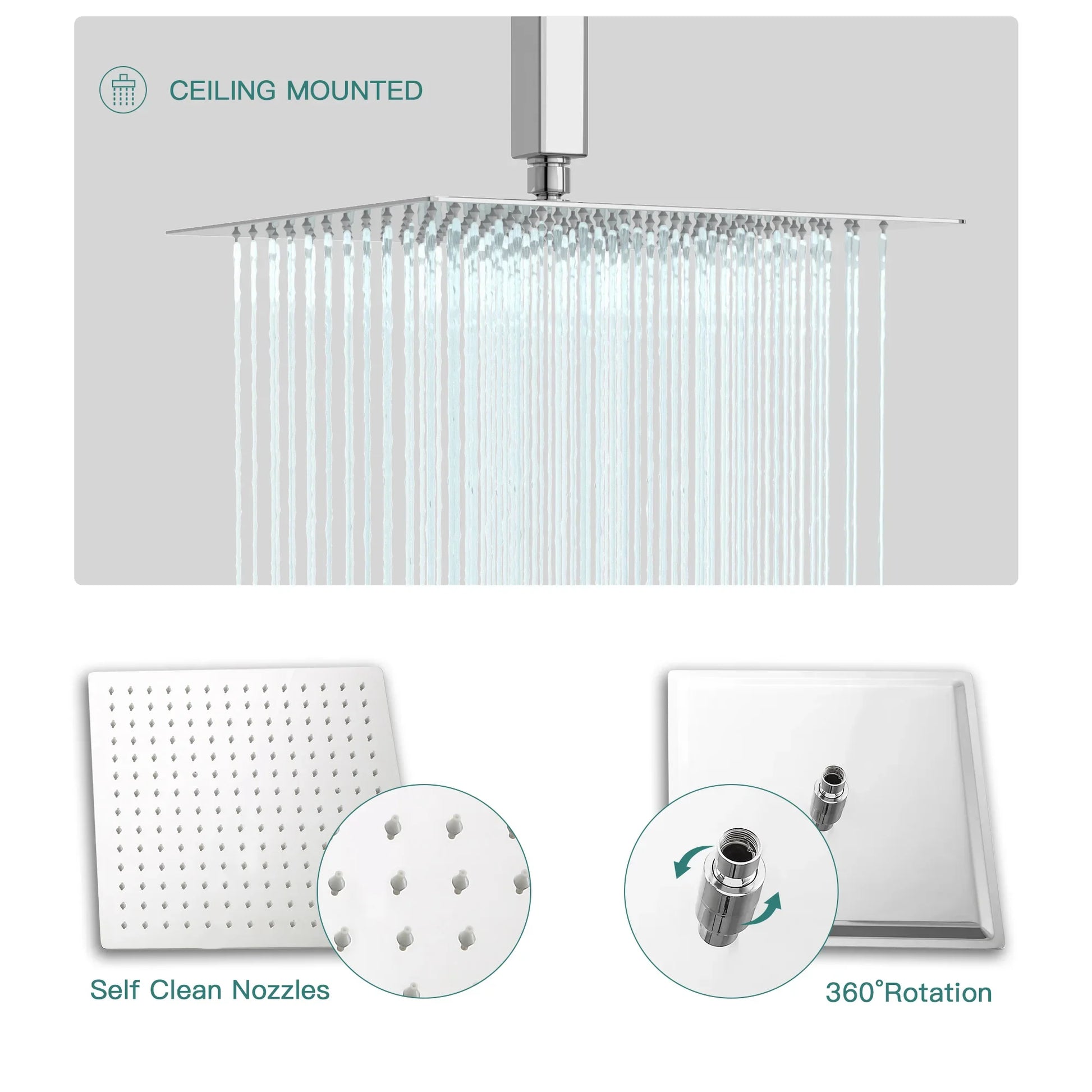 HKM-048403 16-Inch Rainfall Shower Head & Handheld Shower Faucet Combo Set, Ceiling Mounted for Luxurious Bath Experience