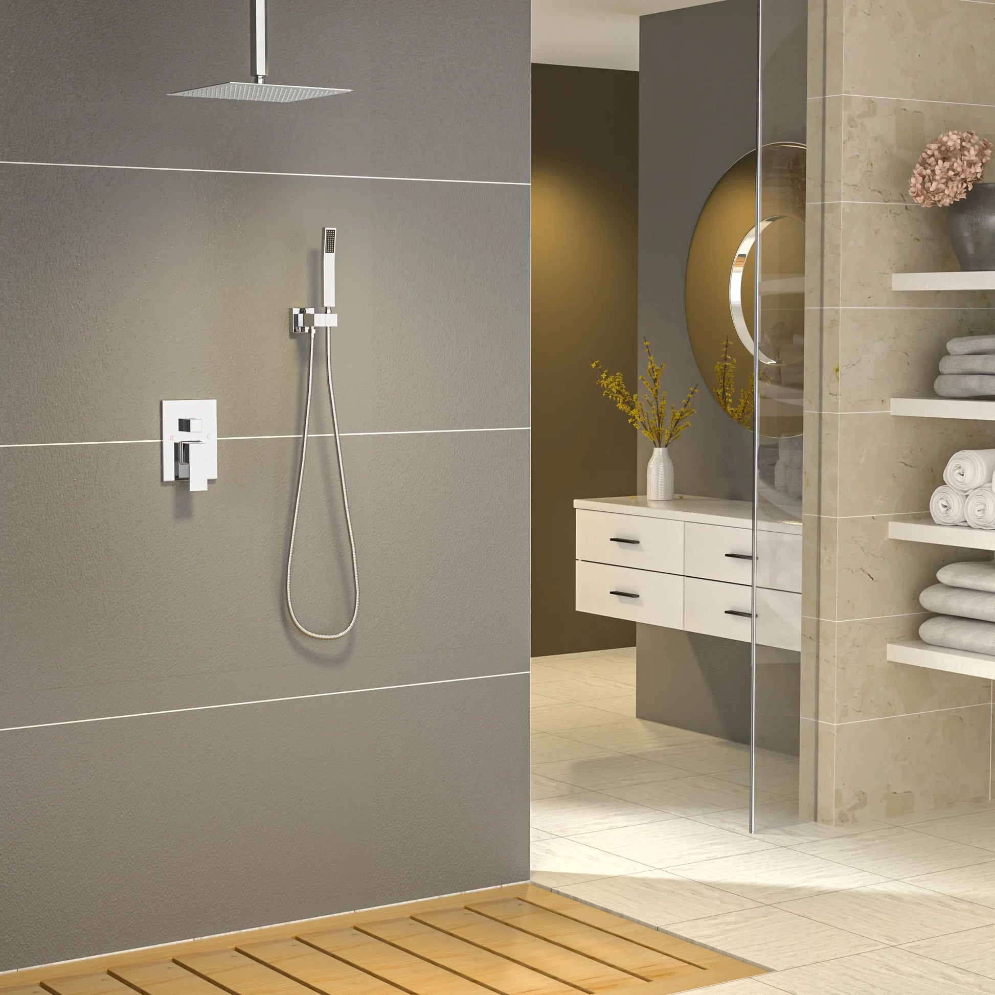 HKM-048403 16-Inch Rainfall Shower Head & Handheld Shower Faucet Combo Set, Ceiling Mounted for Luxurious Bath Experience