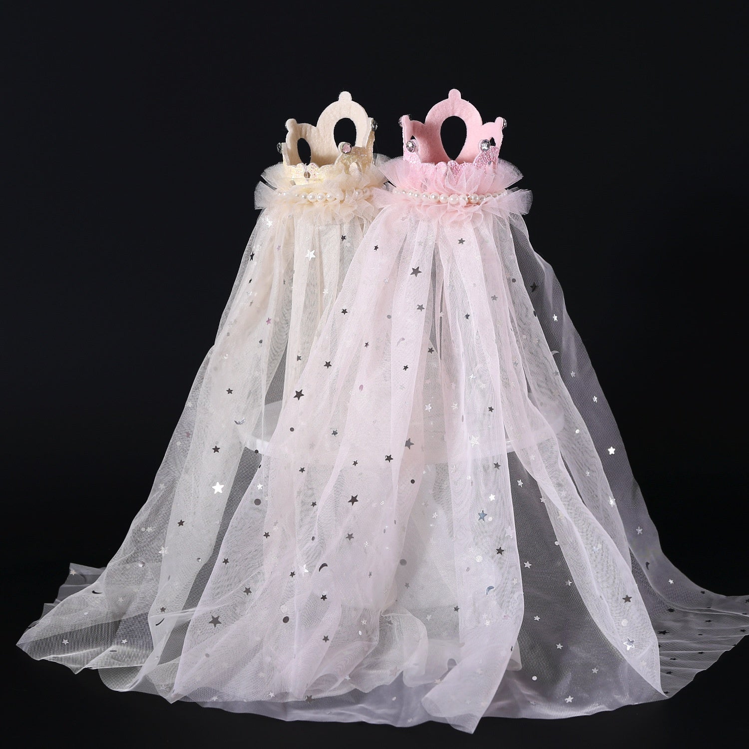 HKM-0485821 Elegant Princess Crown Headdress for Pet Weddings and Birthdays - Beige and Pink with Veil