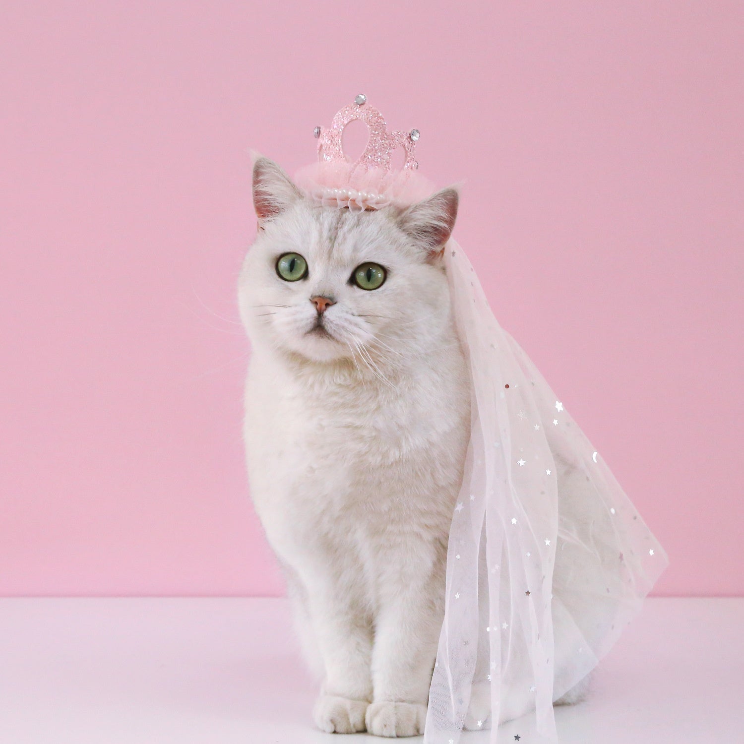 HKM-0485821 Elegant Princess Crown Headdress for Pet Weddings and Birthdays - Beige and Pink with Veil