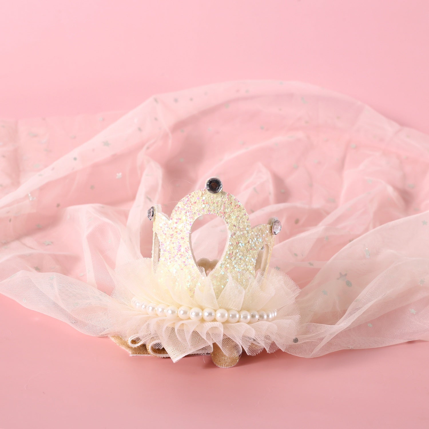 HKM-0485821 Elegant Princess Crown Headdress for Pet Weddings and Birthdays - Beige and Pink with Veil