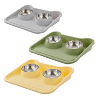 HKM-0486973 Tilted Double Bowl Feeder for Cats and Dogs - Stainless Steel, Leak-Proof, with Neck Protection