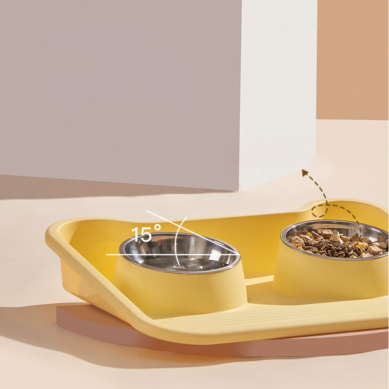 HKM-0486973 Tilted Double Bowl Feeder for Cats and Dogs - Stainless Steel, Leak-Proof, with Neck Protection