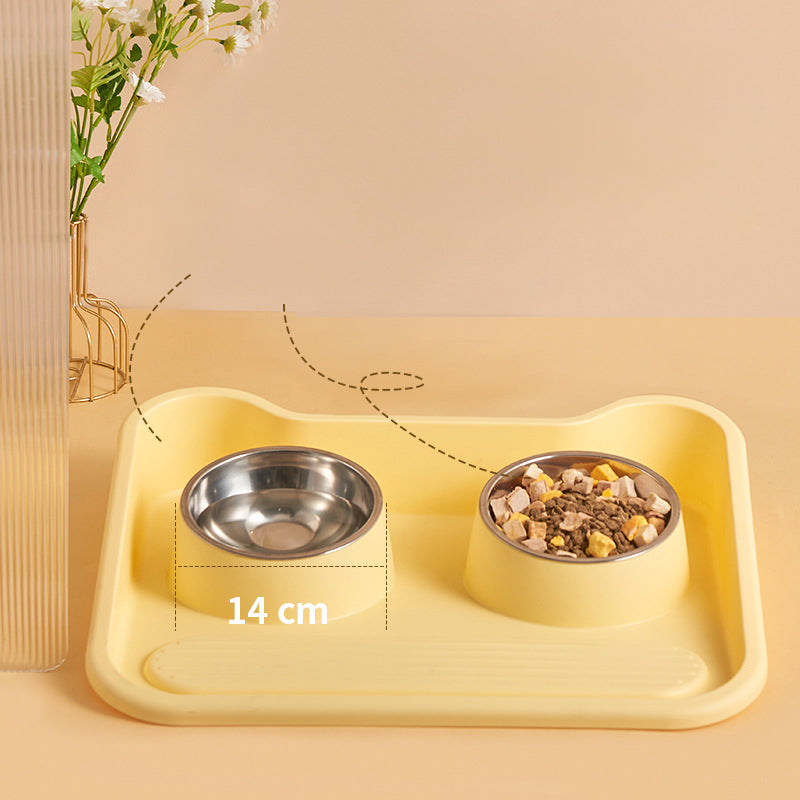 HKM-0486973 Tilted Double Bowl Feeder for Cats and Dogs - Stainless Steel, Leak-Proof, with Neck Protection