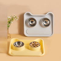 HKM-0486973 Tilted Double Bowl Feeder for Cats and Dogs - Stainless Steel, Leak-Proof, with Neck Protection
