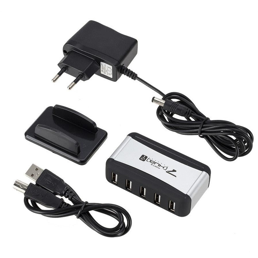 HKM-048915 7-Port USB 2.0 Hub with AC Adapter and Vertical Bracket for Seamless Device Connection