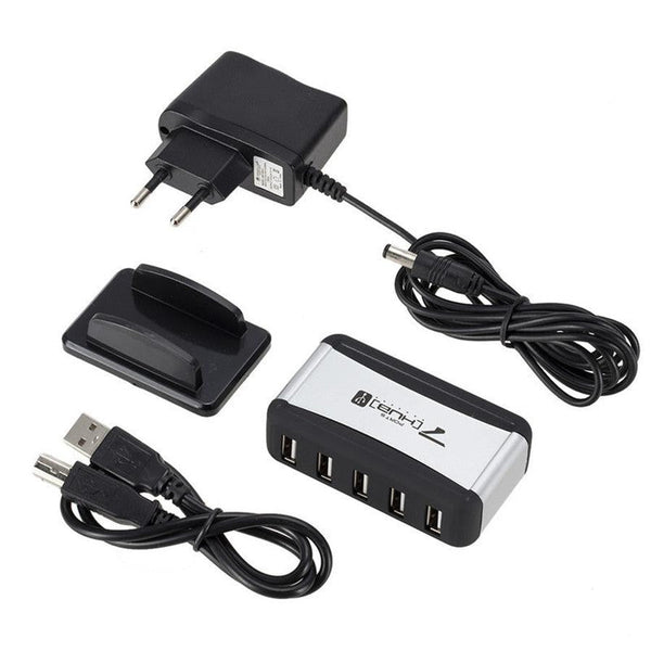 HKM-048915 7-Port USB 2.0 Hub with AC Adapter and Vertical Bracket for Seamless Device Connection
