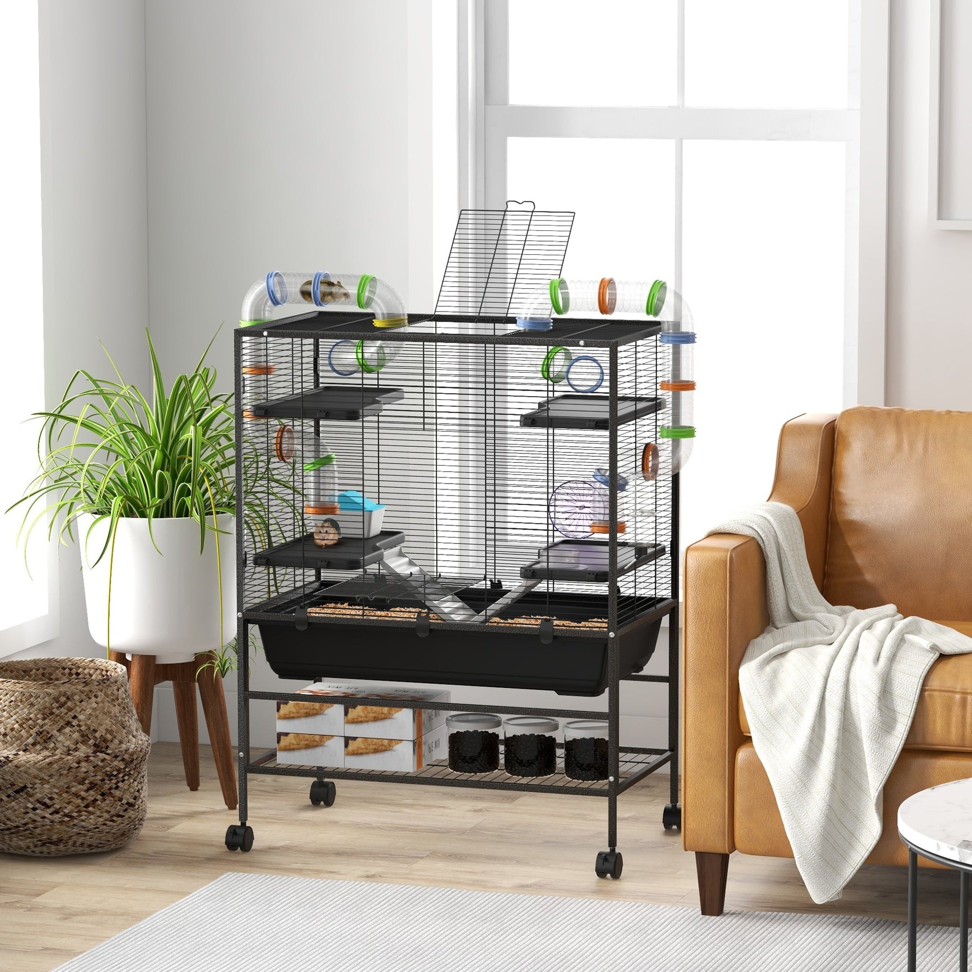 HKM-0490429 Spacious Small Animal Cage with Tubing System, Exercise Wheel, Ramps and Platforms for Hamsters and Gerbils