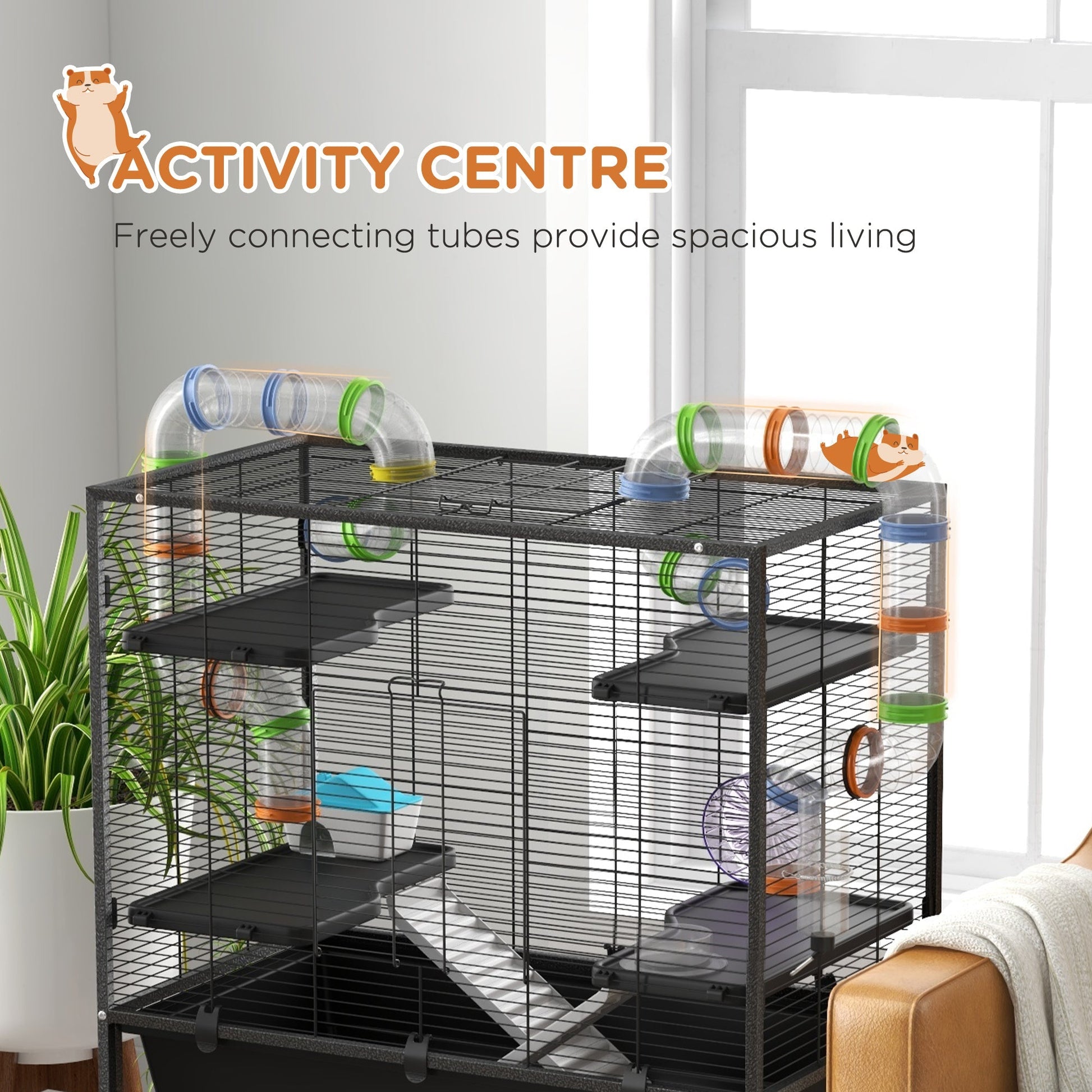 HKM-0490429 Spacious Small Animal Cage with Tubing System, Exercise Wheel, Ramps and Platforms for Hamsters and Gerbils