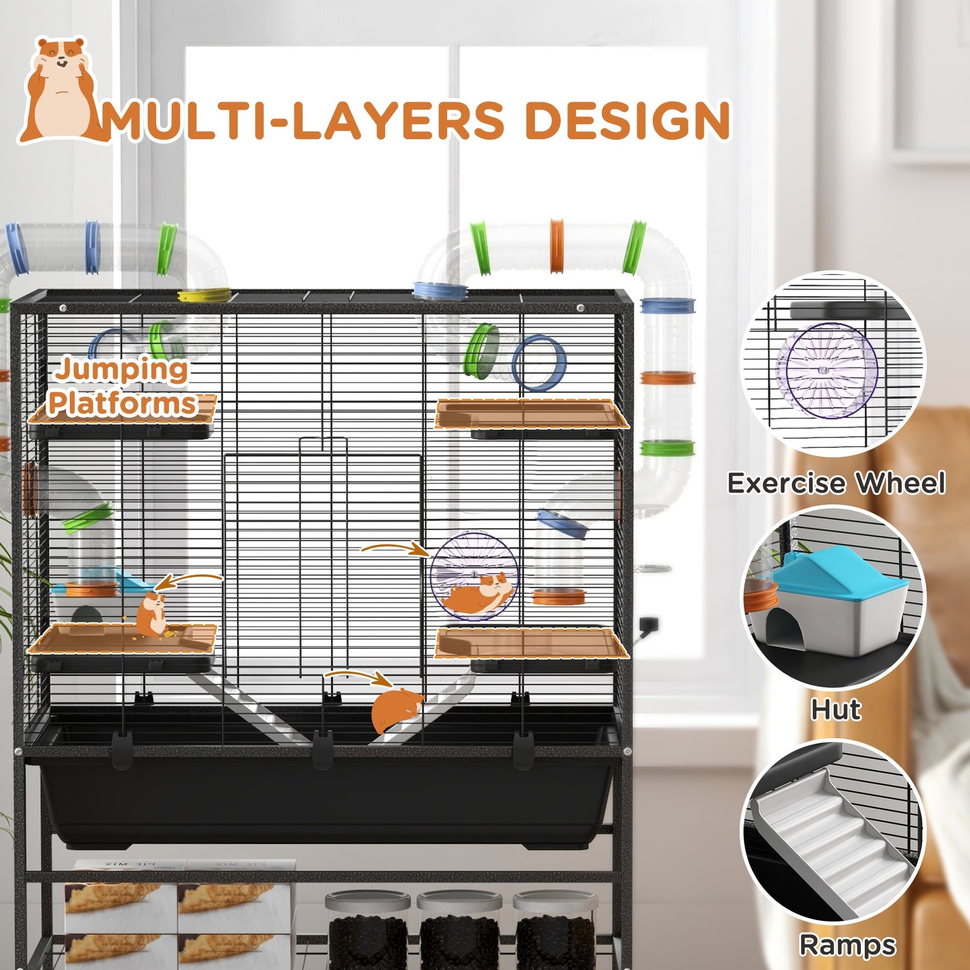 HKM-0490429 Spacious Small Animal Cage with Tubing System, Exercise Wheel, Ramps and Platforms for Hamsters and Gerbils