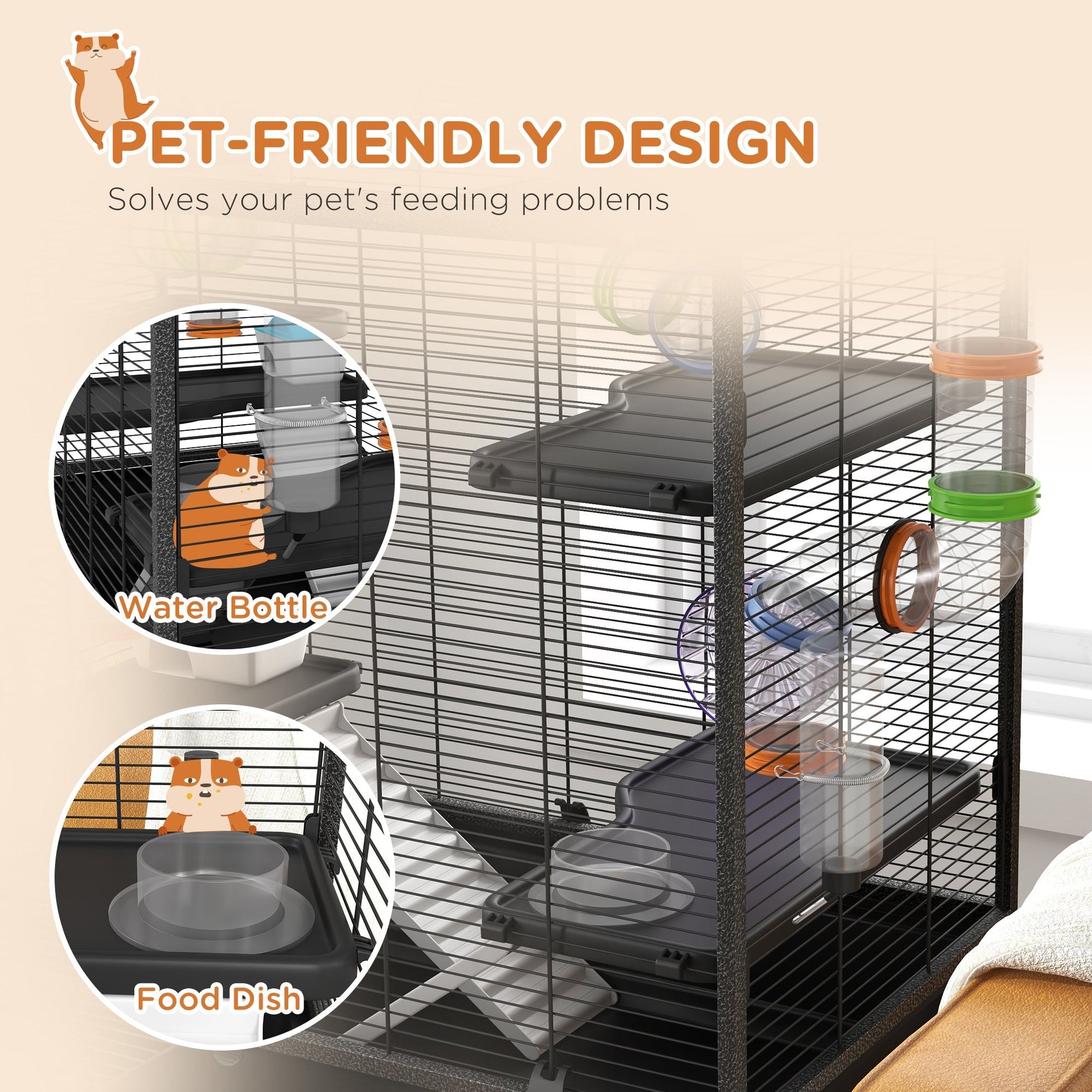 HKM-0490429 Spacious Small Animal Cage with Tubing System, Exercise Wheel, Ramps and Platforms for Hamsters and Gerbils