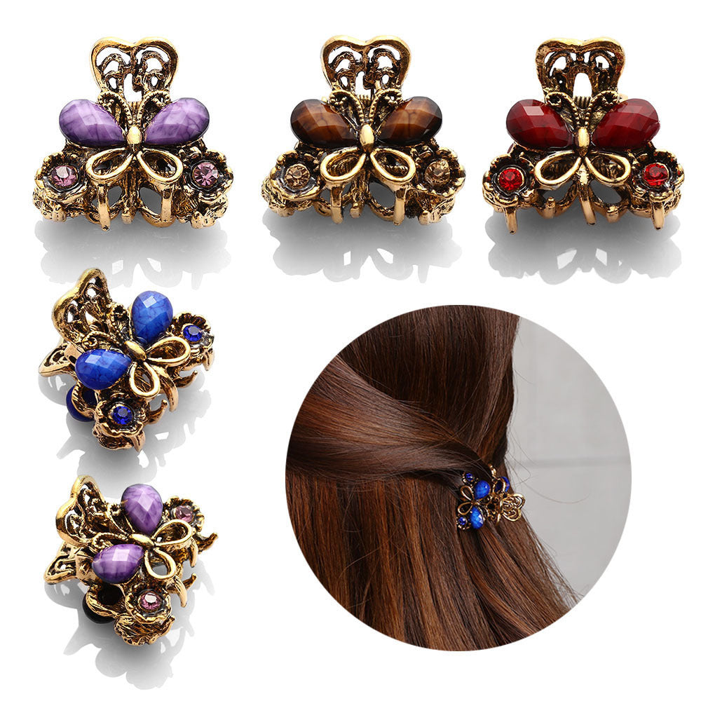 HKM-049107 Antique Bronze Butterfly Hairpin with Gemstones in Purple, Blue, Red, and Brown