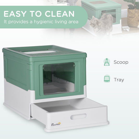 HKM-0492221 PawHut Fully Enclosed Cat Litter Box with Drawer Tray and Top Access, Portable Design, Green
