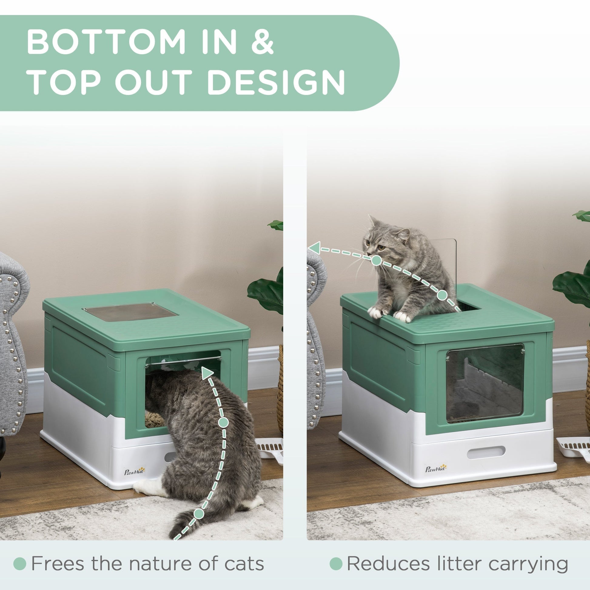 HKM-0492221 PawHut Fully Enclosed Cat Litter Box with Drawer Tray and Top Access, Portable Design, Green