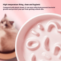 HKM-0492733 Pet Cartoon Anti-Choking Ceramic Bowl for Cats - Available in Pink, Blue, Yellow, and Beige