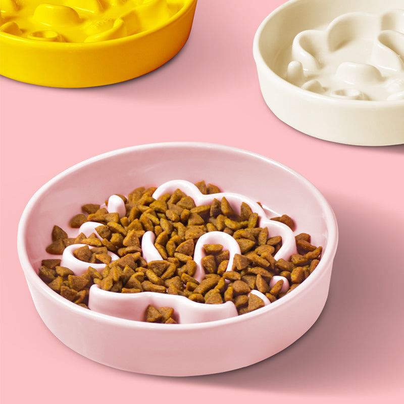 HKM-0492733 Pet Cartoon Anti-Choking Ceramic Bowl for Cats - Available in Pink, Blue, Yellow, and Beige