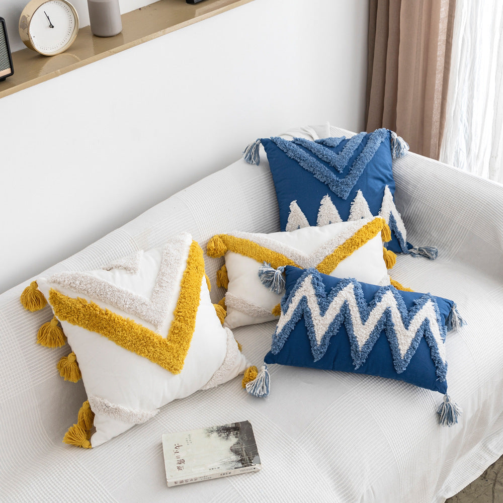 HKM-049363 Moroccan Style Tufted Embroidery Pillow with Cotton Canvas and Tassels, 45x45cm / 30x50cm