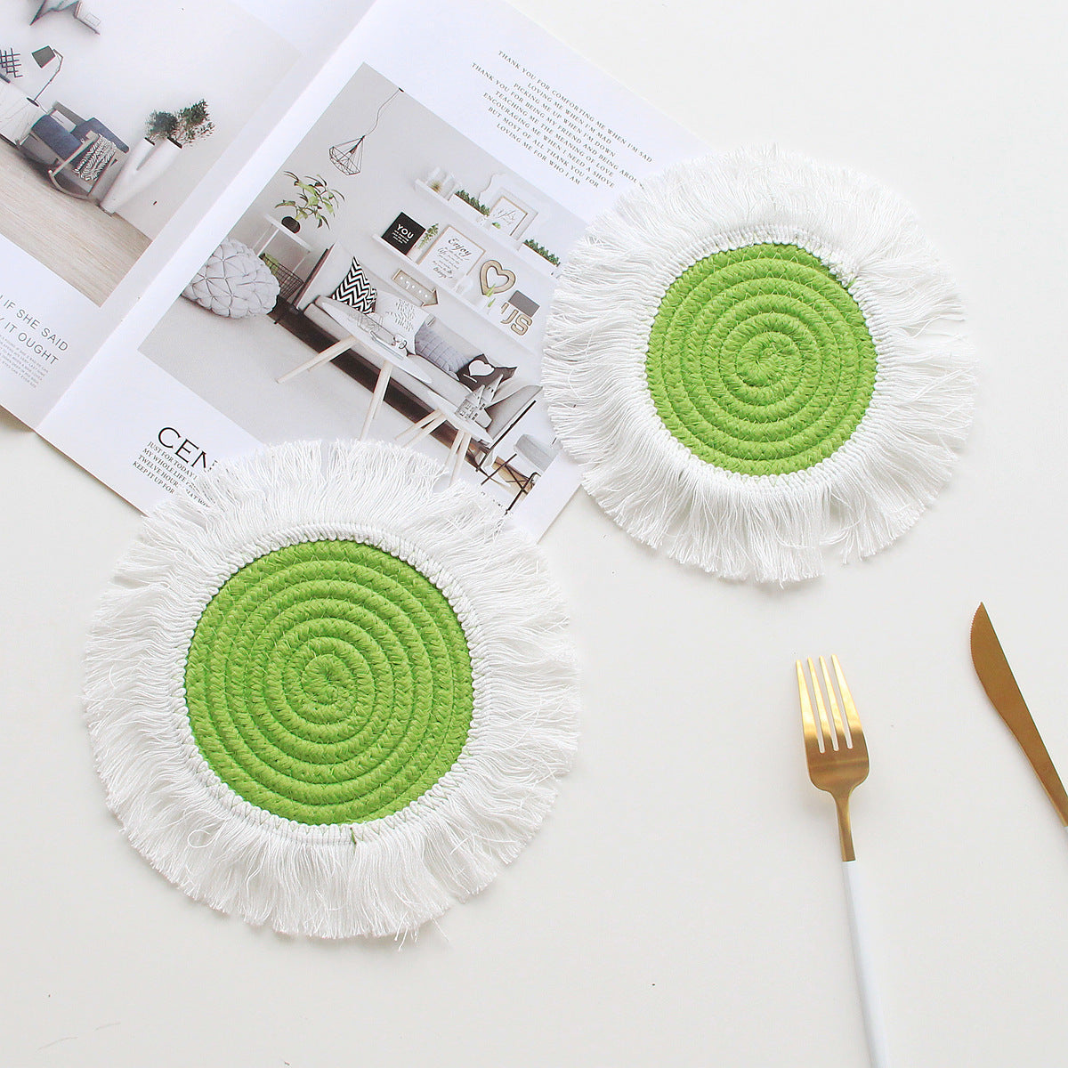 HKM-049363 Tassel Insulation Table Mat - Stylish Heat-Resistant Cushion, 19.5cm Size