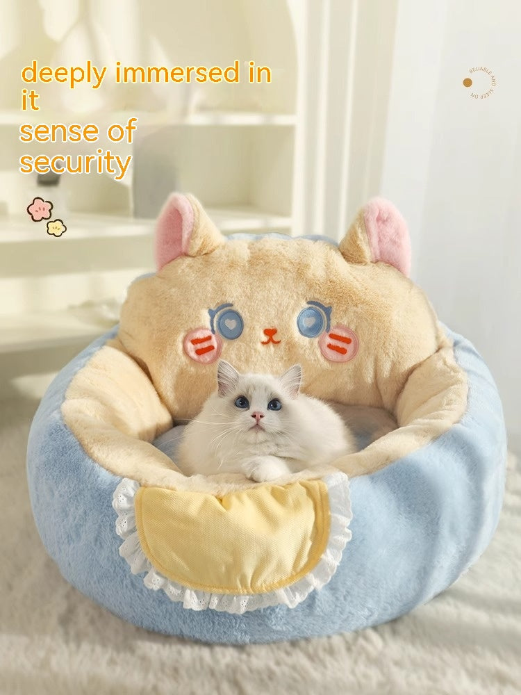 HKM-0502333 Cozy Winter Deep Sleep Pet Bed Mat for Cats - Soft Polyester with Bear Backrest