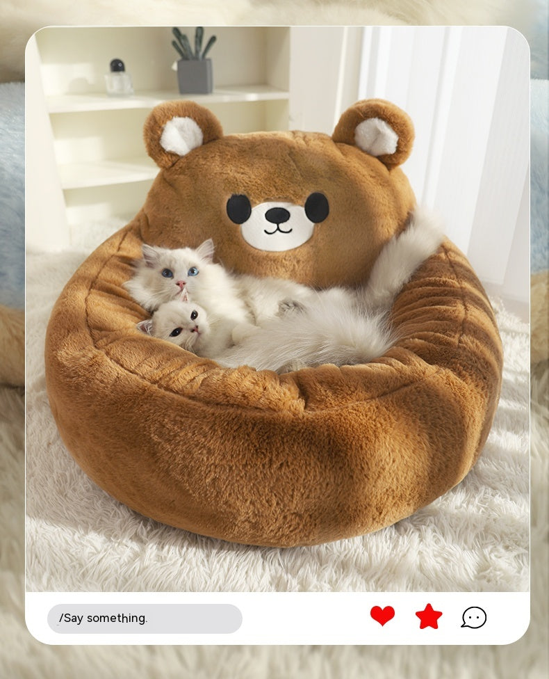 HKM-0502333 Cozy Winter Deep Sleep Pet Bed Mat for Cats - Soft Polyester with Bear Backrest