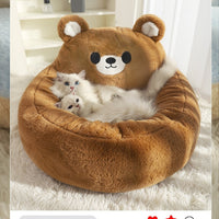 HKM-0502333 Cozy Winter Deep Sleep Pet Bed Mat for Cats - Soft Polyester with Bear Backrest