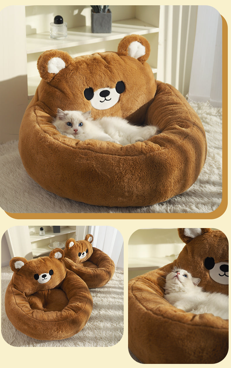 HKM-0502333 Cozy Winter Deep Sleep Pet Bed Mat for Cats - Soft Polyester with Bear Backrest