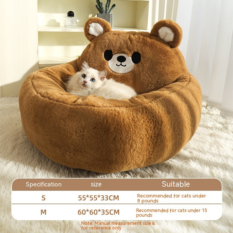 HKM-0502333 Cozy Winter Deep Sleep Pet Bed Mat for Cats - Soft Polyester with Bear Backrest