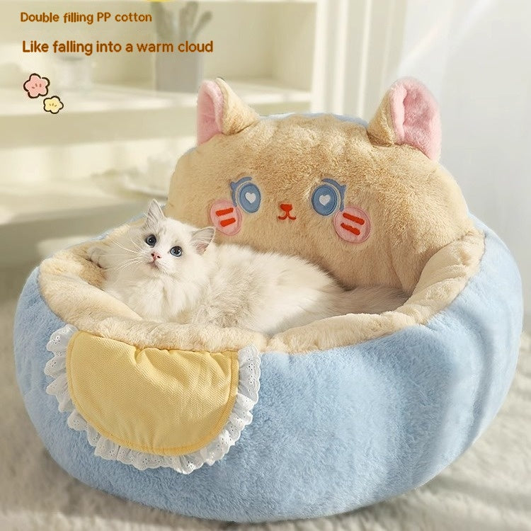 HKM-0502333 Cozy Winter Deep Sleep Pet Bed Mat for Cats - Soft Polyester with Bear Backrest
