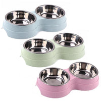HKM-0502461 Two-in-One Double Bowl Pet Food and Water Dish in Straw Plastic - Available in Blue, Green, and Pink