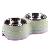 HKM-0502461 Two-in-One Double Bowl Pet Food and Water Dish in Straw Plastic - Available in Blue, Green, and Pink