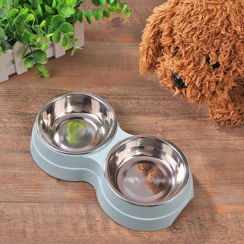 HKM-0502461 Two-in-One Double Bowl Pet Food and Water Dish in Straw Plastic - Available in Blue, Green, and Pink