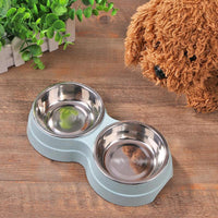 HKM-0502461 Two-in-One Double Bowl Pet Food and Water Dish in Straw Plastic - Available in Blue, Green, and Pink