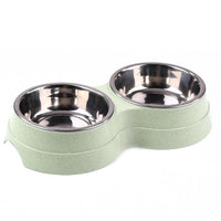 HKM-0502461 Two-in-One Double Bowl Pet Food and Water Dish in Straw Plastic - Available in Blue, Green, and Pink