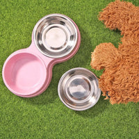 HKM-0502461 Two-in-One Double Bowl Pet Food and Water Dish in Straw Plastic - Available in Blue, Green, and Pink
