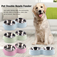 HKM-0502461 Two-in-One Double Bowl Pet Food and Water Dish in Straw Plastic - Available in Blue, Green, and Pink
