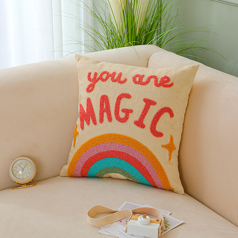 HKM-050899 Nordic Style Square Cartoon Pillowcase for Living Room - Rainbow Letters Design, Cotton Material, 45x45cm