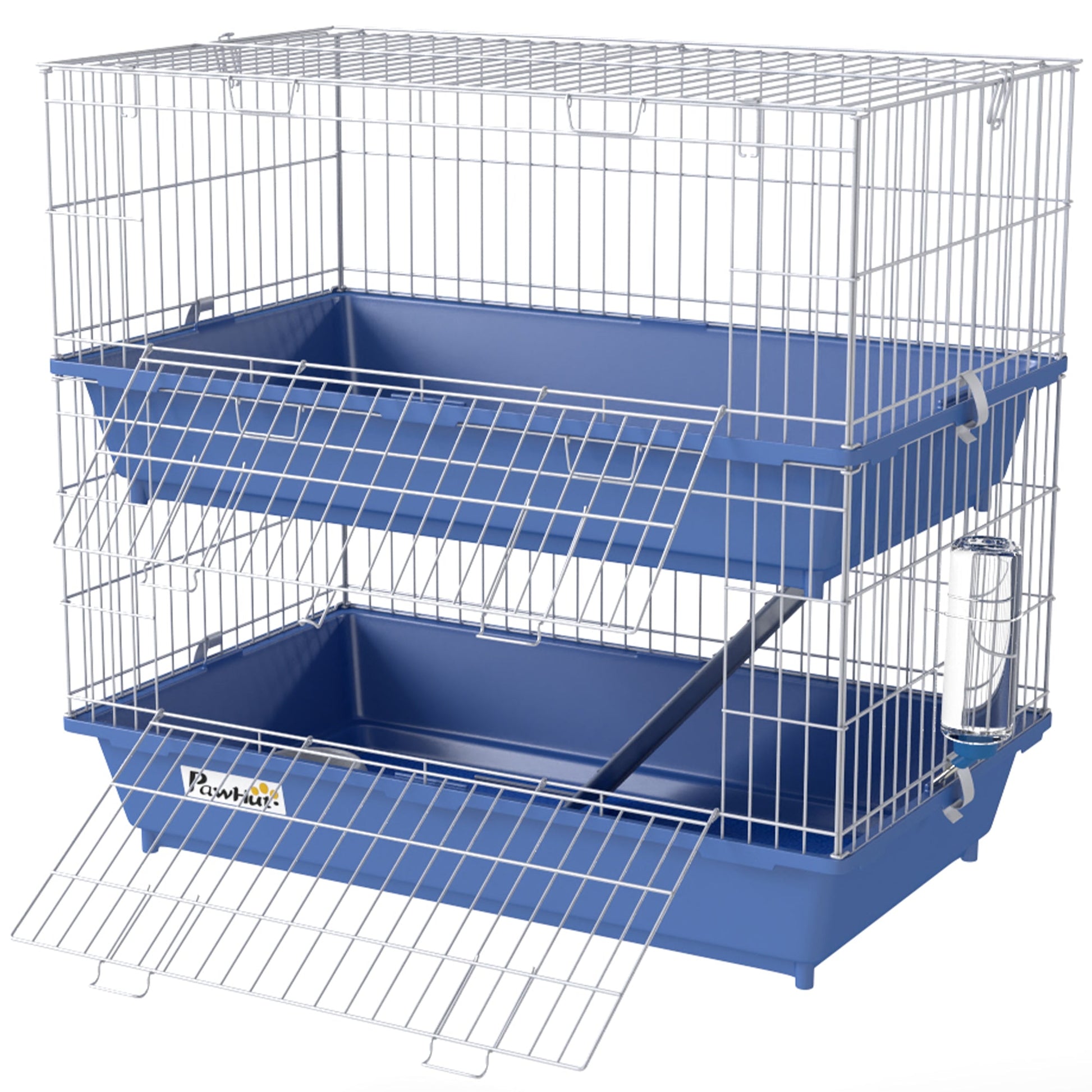 HKM-0511677 2-Tier Indoor Small Animal Cage for Guinea Pigs, Ferrets, and Chinchillas with Ramp, Food Dish, and Water Bottle, Blue and Gray