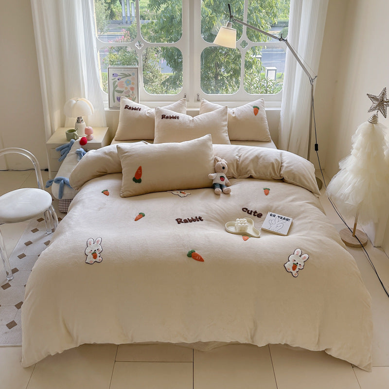 HKM-051667 Cartoon Winter Milk Fiber Bedding Set with Embroidery and Tassels, Multiple Sizes Available