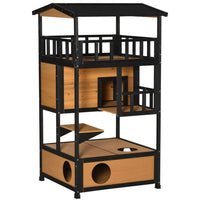 HKM-0517437 Wooden Cat House with Multiple Entrances and Spacious Design for Indoor/Outdoor Use