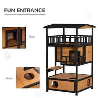 HKM-0517437 Wooden Cat House with Multiple Entrances and Spacious Design for Indoor/Outdoor Use