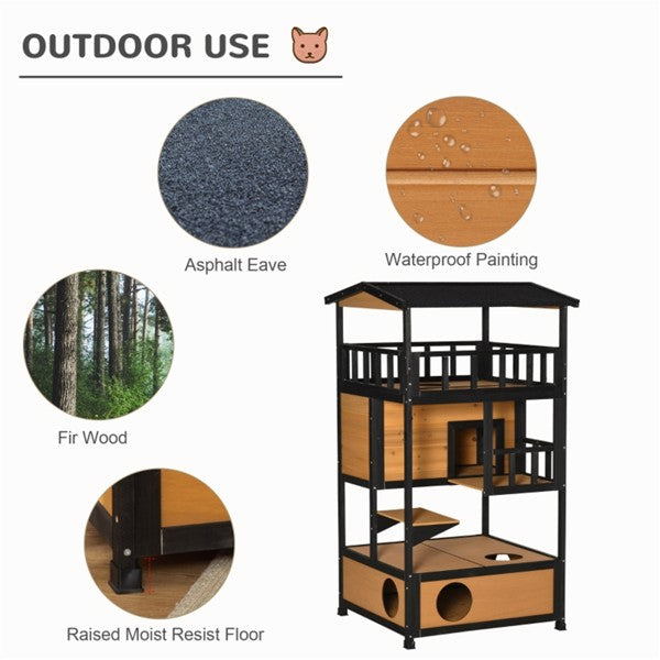 HKM-0517437 Wooden Cat House with Multiple Entrances and Spacious Design for Indoor/Outdoor Use