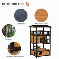 HKM-0517437 Wooden Cat House with Multiple Entrances and Spacious Design for Indoor/Outdoor Use
