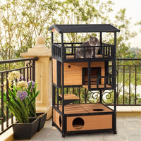 HKM-0517437 Wooden Cat House with Multiple Entrances and Spacious Design for Indoor/Outdoor Use
