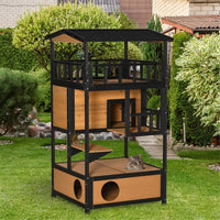 HKM-0517437 Wooden Cat House with Multiple Entrances and Spacious Design for Indoor/Outdoor Use