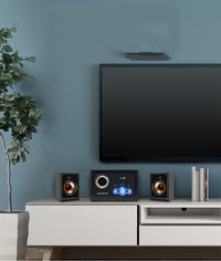 HKM-052307 Compact Wireless Bluetooth Subwoofer Speaker System with Wood Finish, 2.1 Channel Audio, SD/USB Support