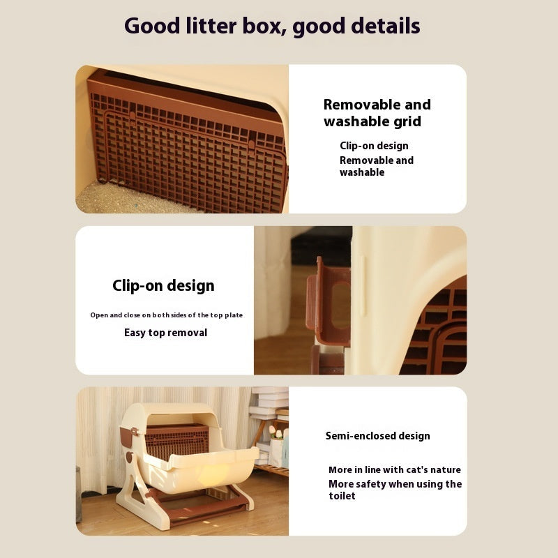 HKM-0530109 Extra Large Semi-Automatic Tilting Cat Litter Box in Beige Brown, Beige, Green, and Pink