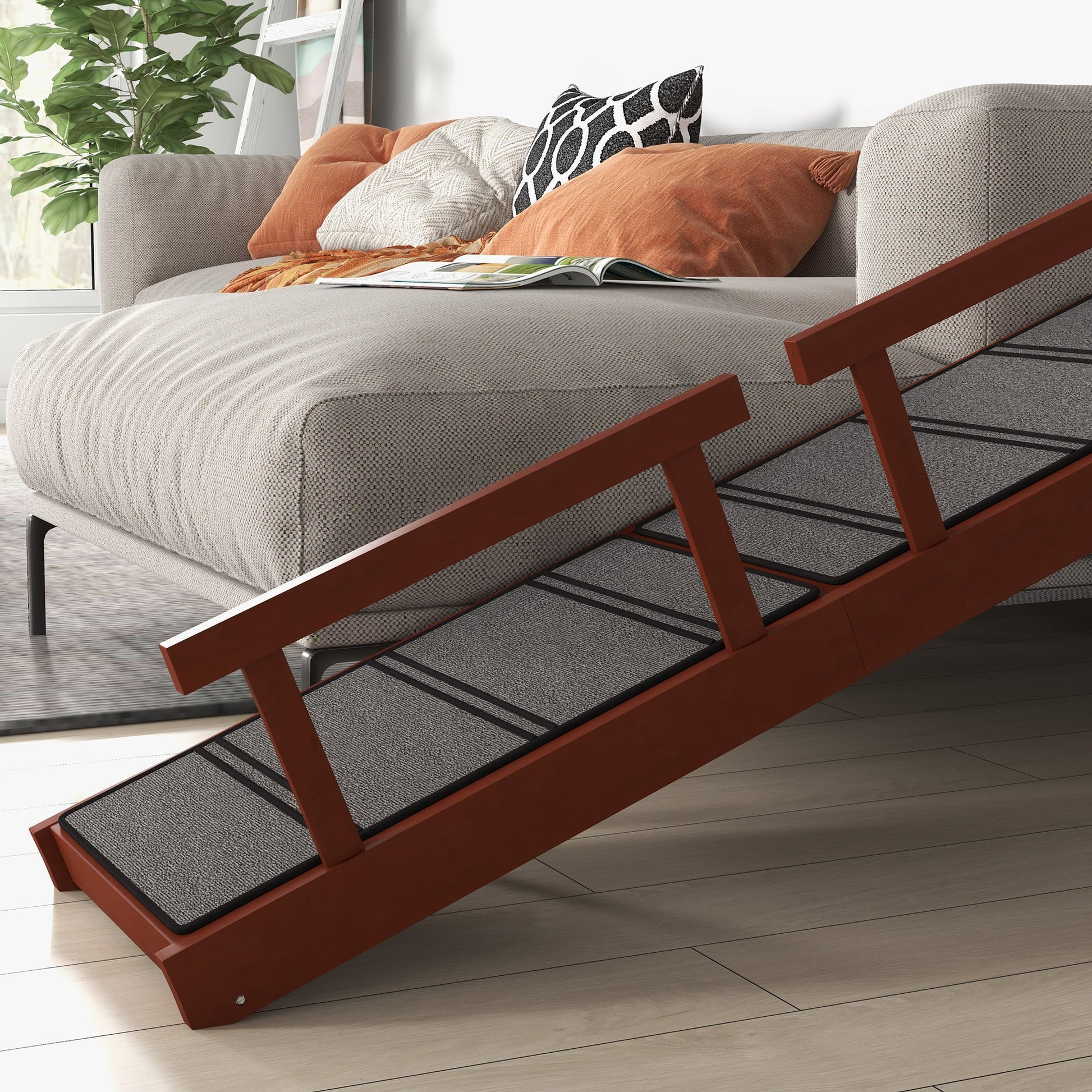 HKM-0530749 Wooden Dog Ramp with Removable Guardrails and Non-Slip Surface, 60 Inch Long, Brown for Pets Up to 66 lbs