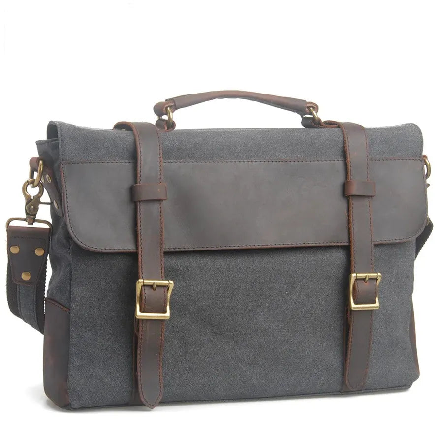 HKM-053395 Leather Messenger Attache Case with Shoulder Strap - Versatile Canvas and Cowhide Design, 39cm x 7.5cm x 28cm