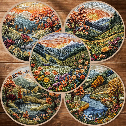 HKM-053971 Landscape Embroidery DIY Kit with Cotton and Linen Fabric, Includes 15cm Embroidery Frame