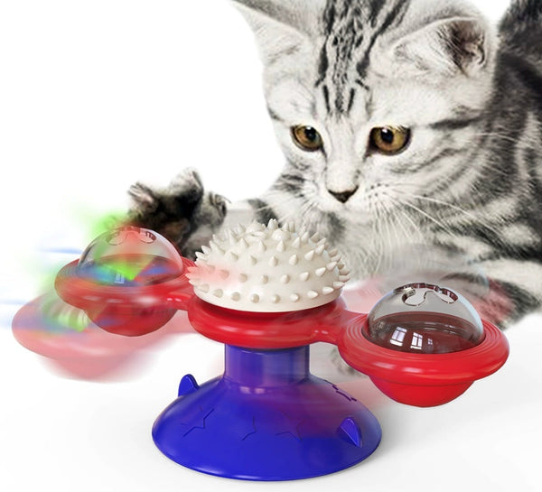 HKM-0541629 Interactive Cat Entertainment Set with Rotating Disk, Feather Teasers, Tumbler & Windmill Toy